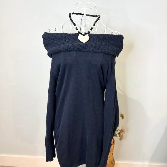Cute vintage y2k navy blue off the shoulder chunky cowl neck sweater - Picture 2 of 6